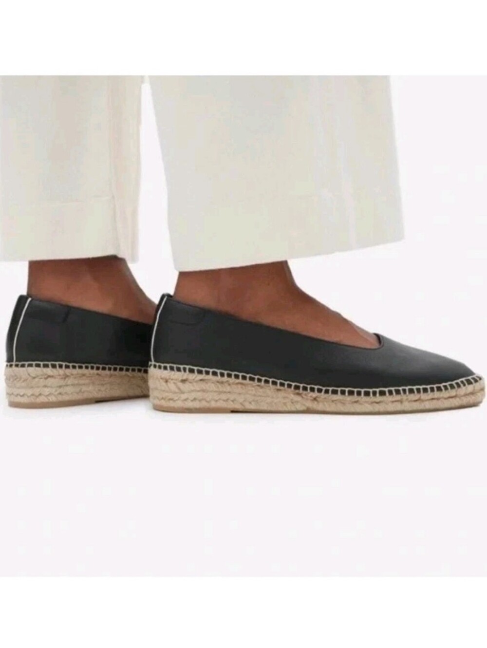 EUC EVERLANE The Espadrille Black Leather/Jute Whipstitch & Wedge Sz 7